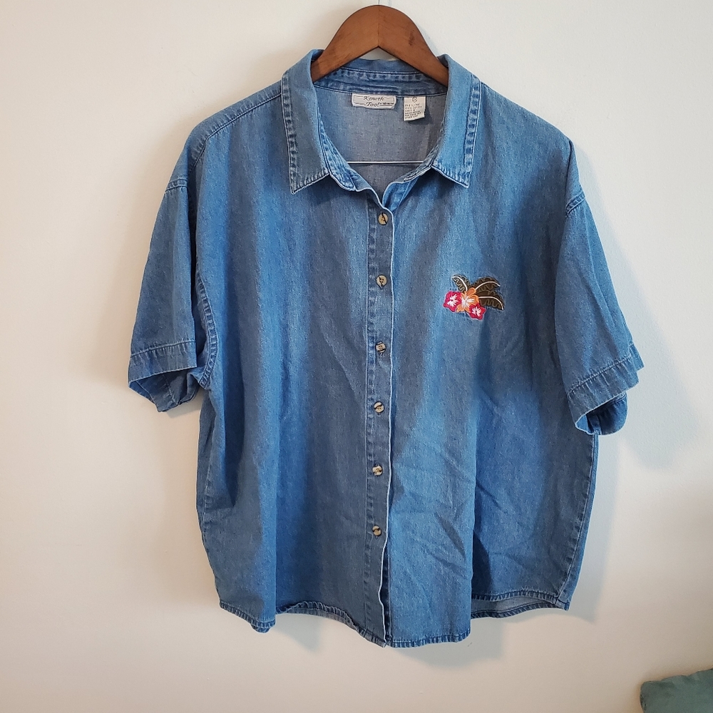 Short sleeve chambray denim button down floral Hawaii embroidery size 2XL